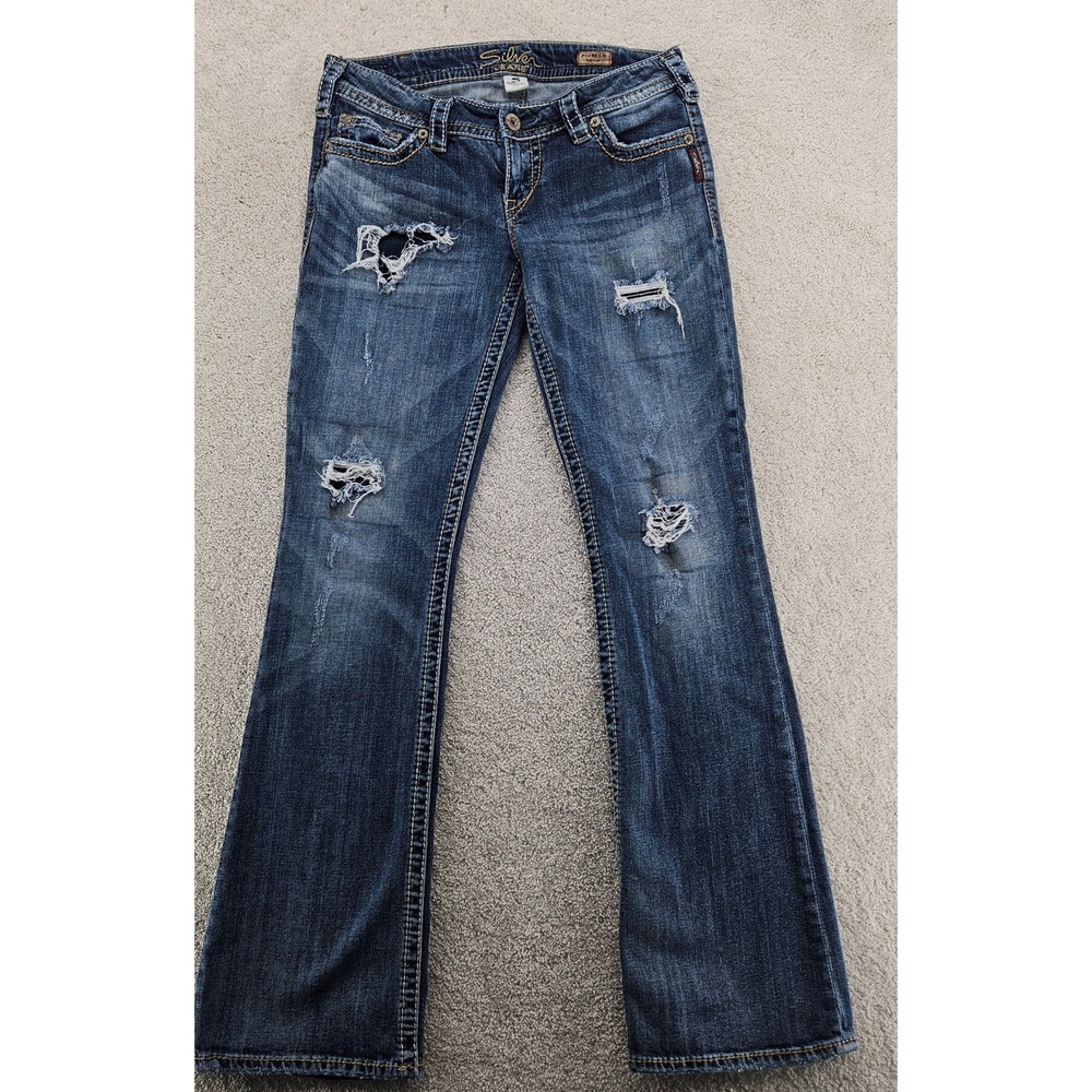 Silver Jeans Pioneer Bootcut Distressed Medium Wash Thick Stitch Denim Jeans